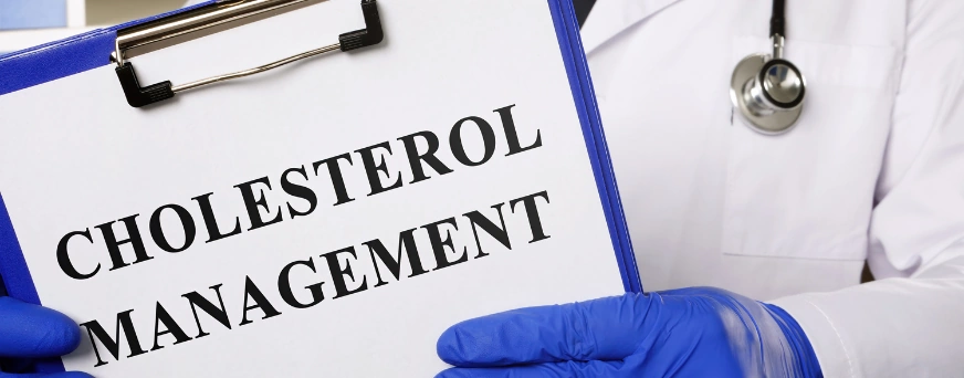 The Ultimate Cholesterol Guide For Seniors Doctor Holding a binder that says Cholesterol Management on it