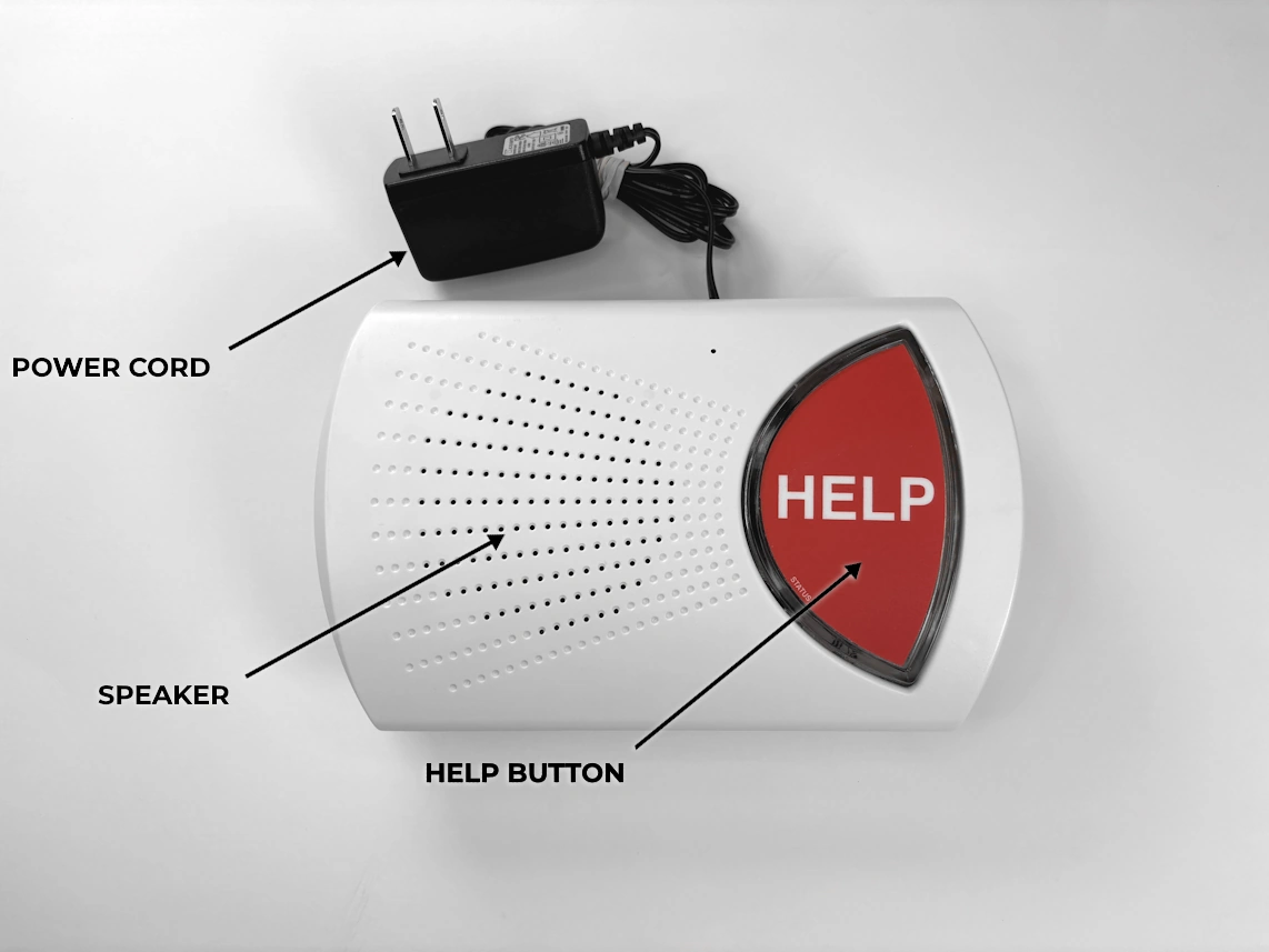 medical alert base unit with arrows pointed at power cord, speaker, and help button.