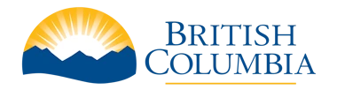 british columbia logo with blue letters and sun over the mountains