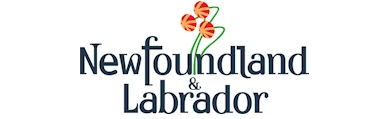 newfoundland and labrador logo with black letters and red flowers