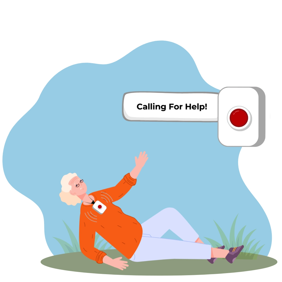 Life assure Quiz Image senior woman laying on the ground after a fall asking for help from life alert button text read calling for help