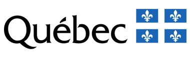 Quebec logo with black letters and white cross on blue field