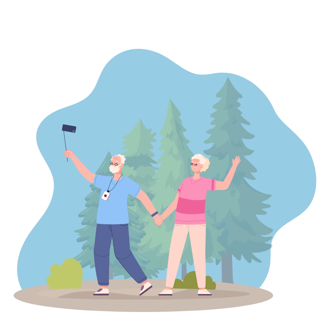Life assure Quiz Image two seniors having a walk and taking pictures in the forest with medical alert device