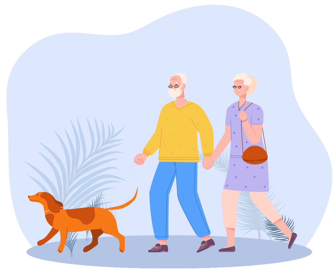 Life Assure Quiz Image Senior man and woman walking a dog 