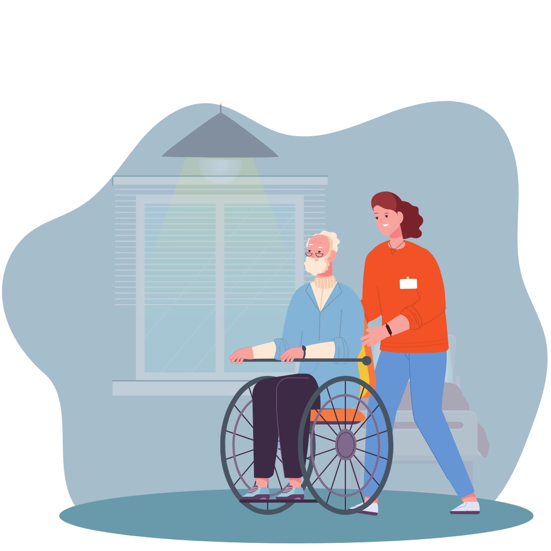 Life assure Quiz Image young woman helps senior man in the hospital by pushing his wheelchair
