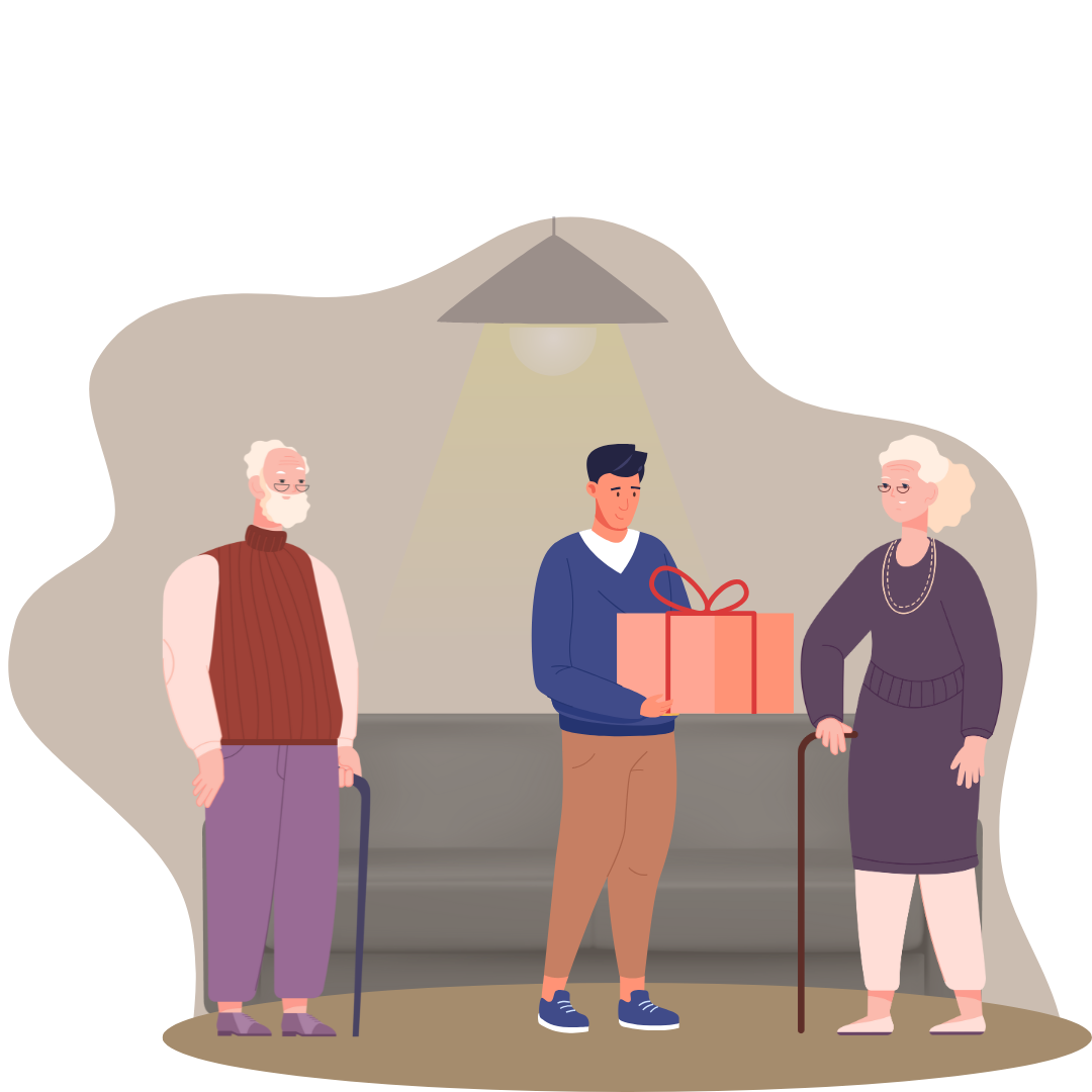 Life assure Quiz Image young man is gifting life alert device to older woman
