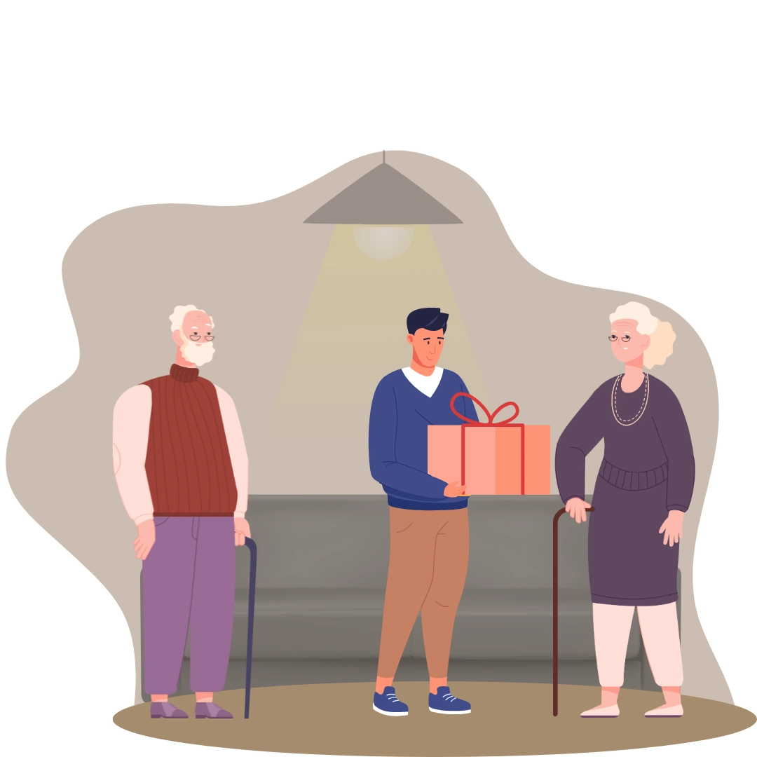 Life assure Quiz Image young man is gifting life alert device to older woman