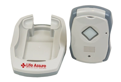 Life Assure Premium Mobile Plus Medical Alert Beside Charging Cradle